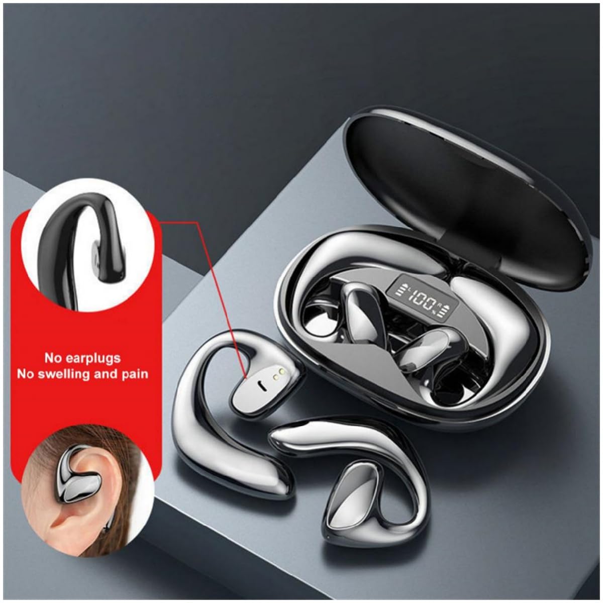 Bezprzewodowe słuchawki TWS z przewodnictwem kostnym - dotykowe słuchawki Bluetooth z mikrofonem i etui ładującym, redukcja szumów, słuchawki do biegania/roweru/wędrówek, niebieskie
