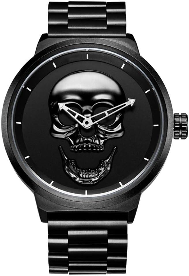 ShanniRuoWatch,Mens Fashion Large Face Black Skull Watch with Stainless Steel Band,Stylish Cool Stainless Steel 30 M Waterproof Watch for Men