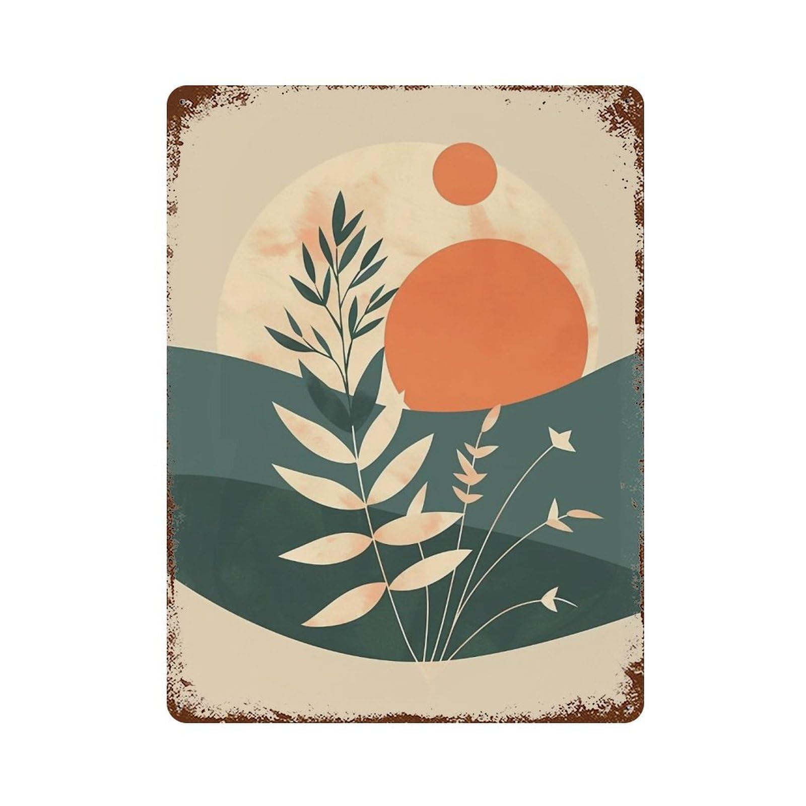 WIHYRTUI Minimal Flat Earth Tone Leafy Branch Sun Moon 03 Wall Retro Iron Metal Tin Sign Vintage Art Poster Modern Home Cofffee Club Art Bar Shop Decor Style 40x30cm