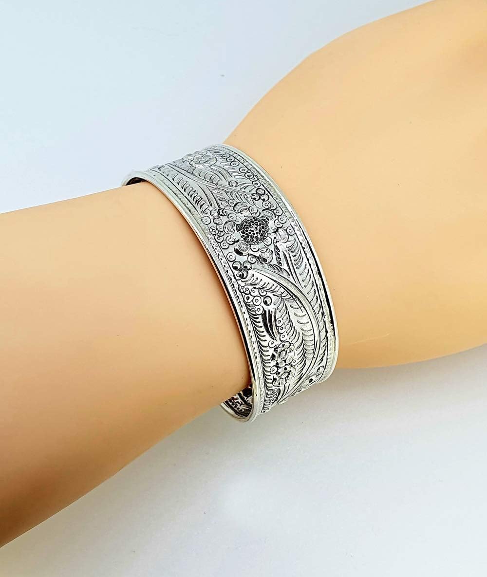 Chunky Statement 925 Sterling Silver Cuff Bangle Bracelet for Women - 25mm Floral Cuff Adjustable - Ideal gift for her