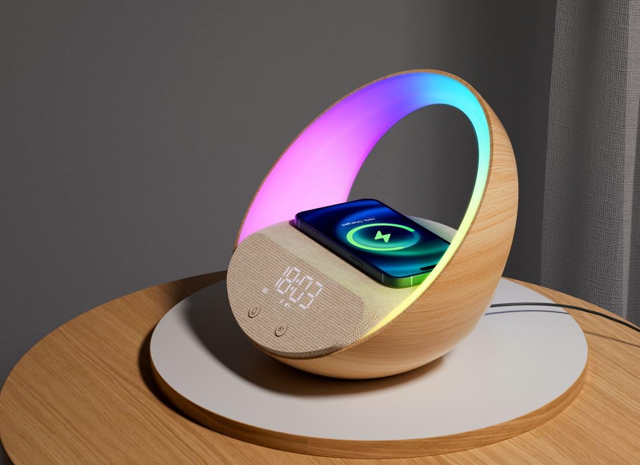 Station d'accueil Intelligente | 4en1 | Station de Chargement sans Fil | Haut-Parleur Bluetooth | Horloge numérique | Lampe de Nuit | Lumière d'ambiance | Chargement sans Fil Rapide de 15W |