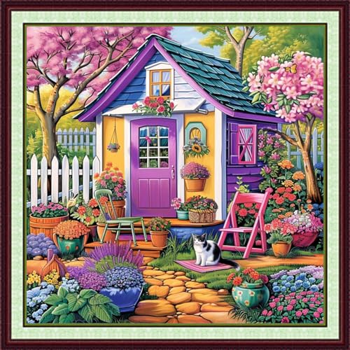 Image of Foxhool Stamped Cross Stitch Kits,11CT Printed Cross Stitch Pattern Full Embroidery Kits for Beginner Needlepoint Kits-Garden Bungalow 18x18 inchs
