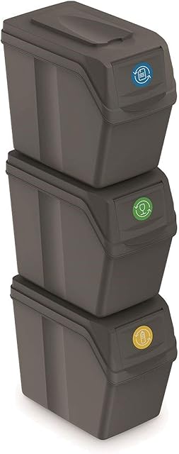 Prosperplast Set of 3 Recycling Bins Total Capacity 60 litres, Stackable, compartments in Grey, 3x20 Litros