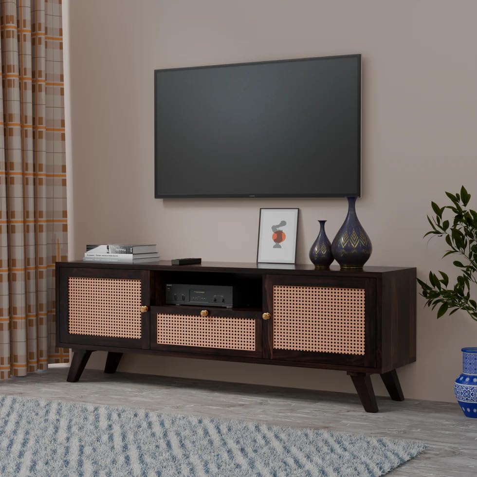 Image of Premium Solid Wood, 10 Minutes Assembly (Legs Only), Aesthetic Rattan Doors, Mid Century Entertainment Center for Living Room, TV Stand for 65 inch TV, Dark Chocolate (D-Dark Walnut)