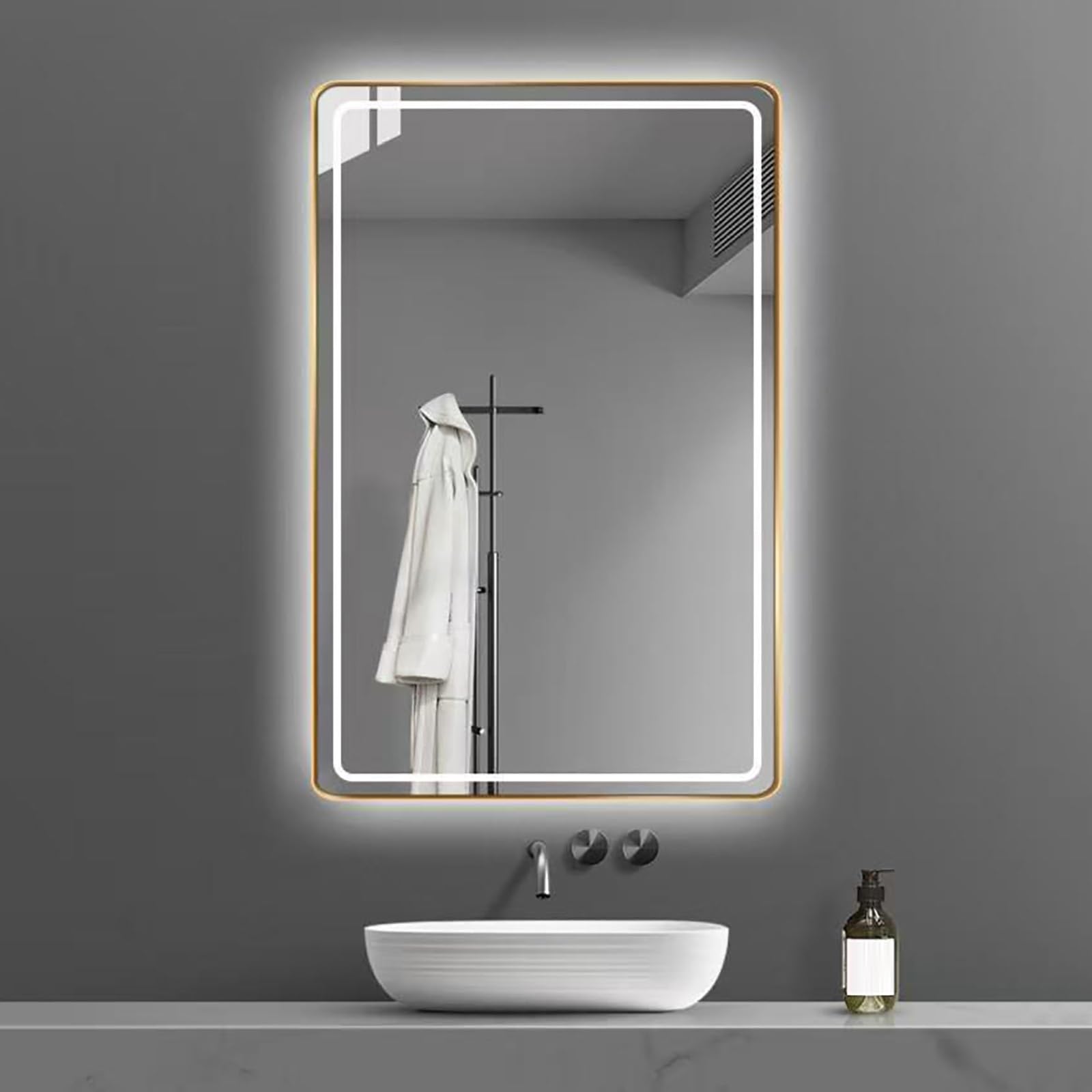 Podświetlane lustro do makijażu LED do łazienki, oświetlenie 3-kolorowe (6000K-4000K-3000K), aluminiowa rama, wodoodporne i przeciwwybuchowe (złoty, pionowy, 40 x 60 cm)