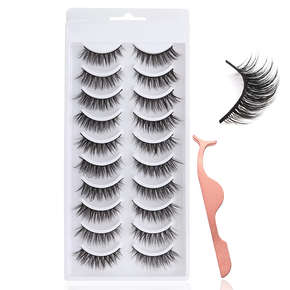 Lansteen False Eyelashes,10 Pairs 3D Natural Look Wispy Volume Short Lashes-Reusable Faux Mink Cat Eye Fake Lashes-with Eyelash Applicator