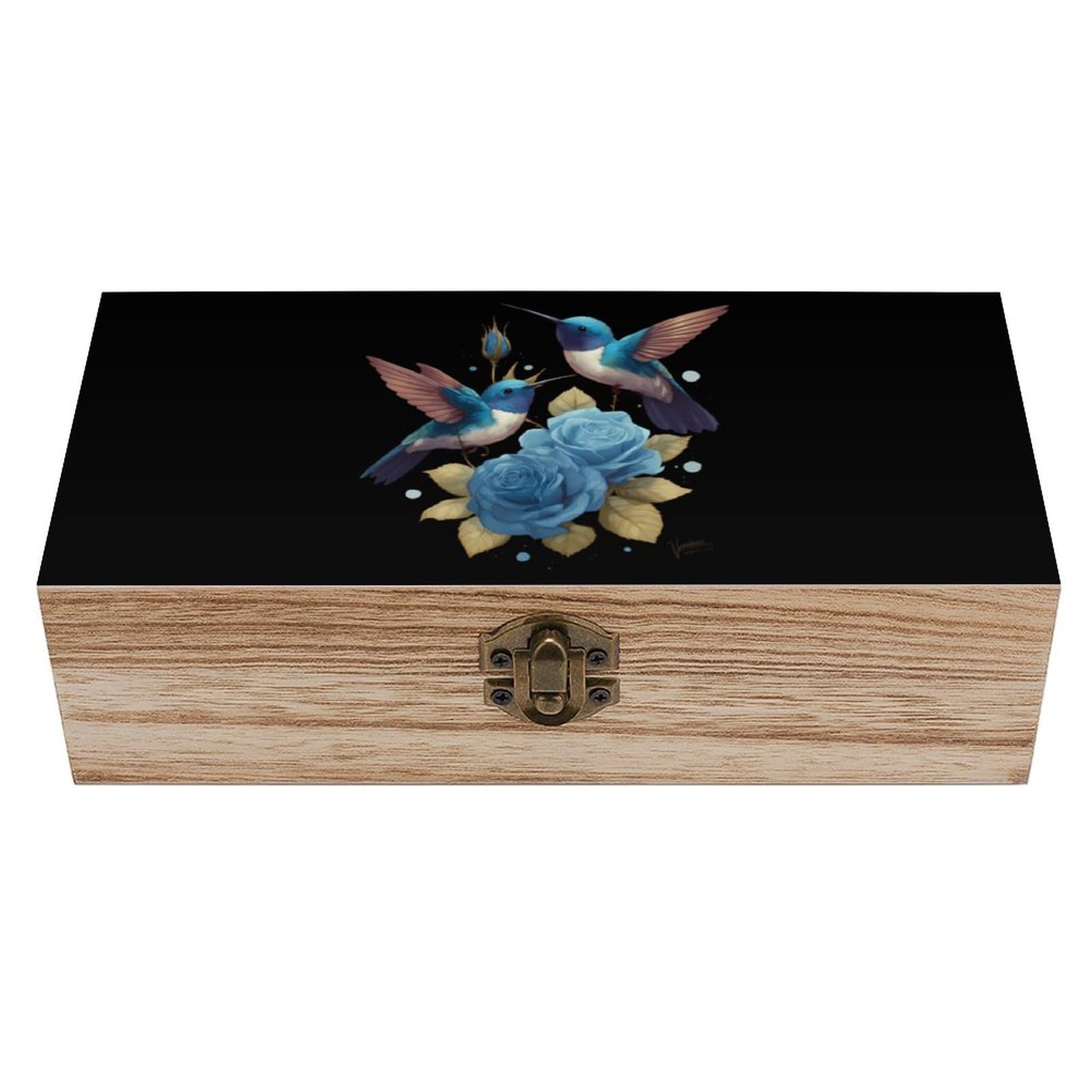 HLBSDM Blue Rose Hummingbird Wooden Box with Hinged Lid Decorative Storage Case Container