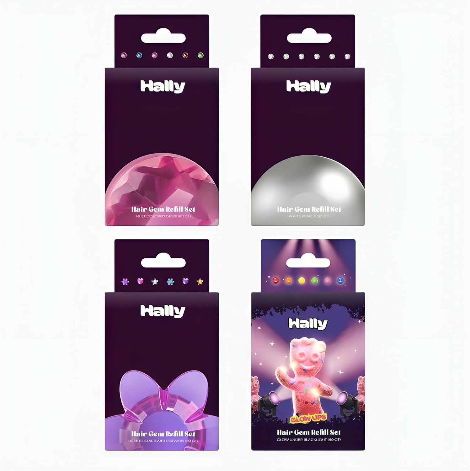 Hally Hair 360 Refill for Hair Gems - Multicolored Adhesive Jewels Only (No Stamper) – Hearts, Stars, Flowers, Pearls – Blacklight Glow – Hair