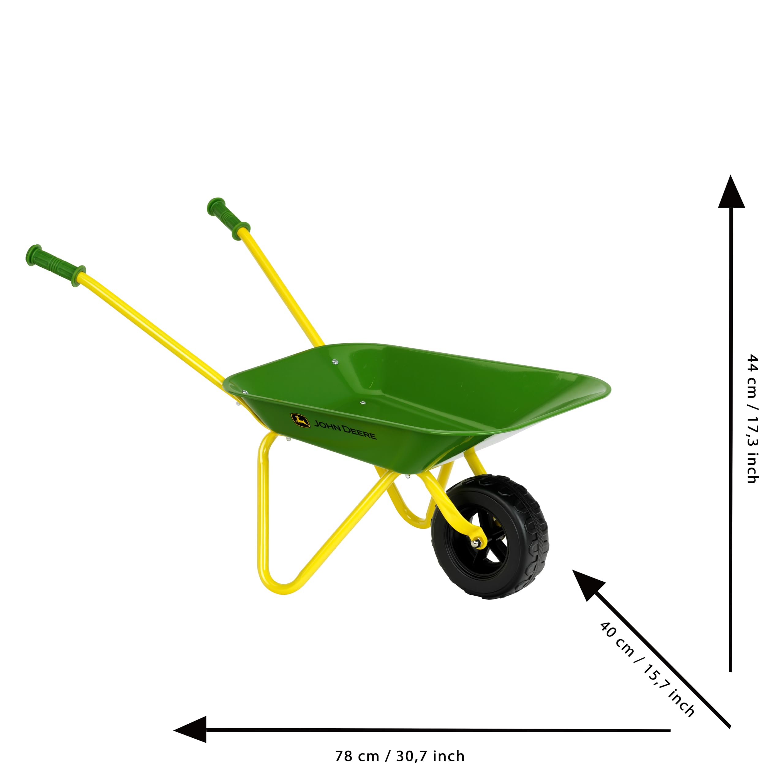 Theo Klein 3983 Carretilla John Deere de Metal, Carretilla Robusta con Ruedas estables, Capacidad de Carga hasta 10 kg, Juguete para niños a Partir de 3 años