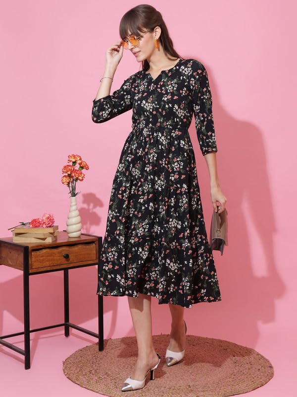 Image of Sheetal Associates Women's Casual 3 /4 Sleeve Crepe Fit and Flare Dress| Comfortable Relaxed Fit Summer Party Dress