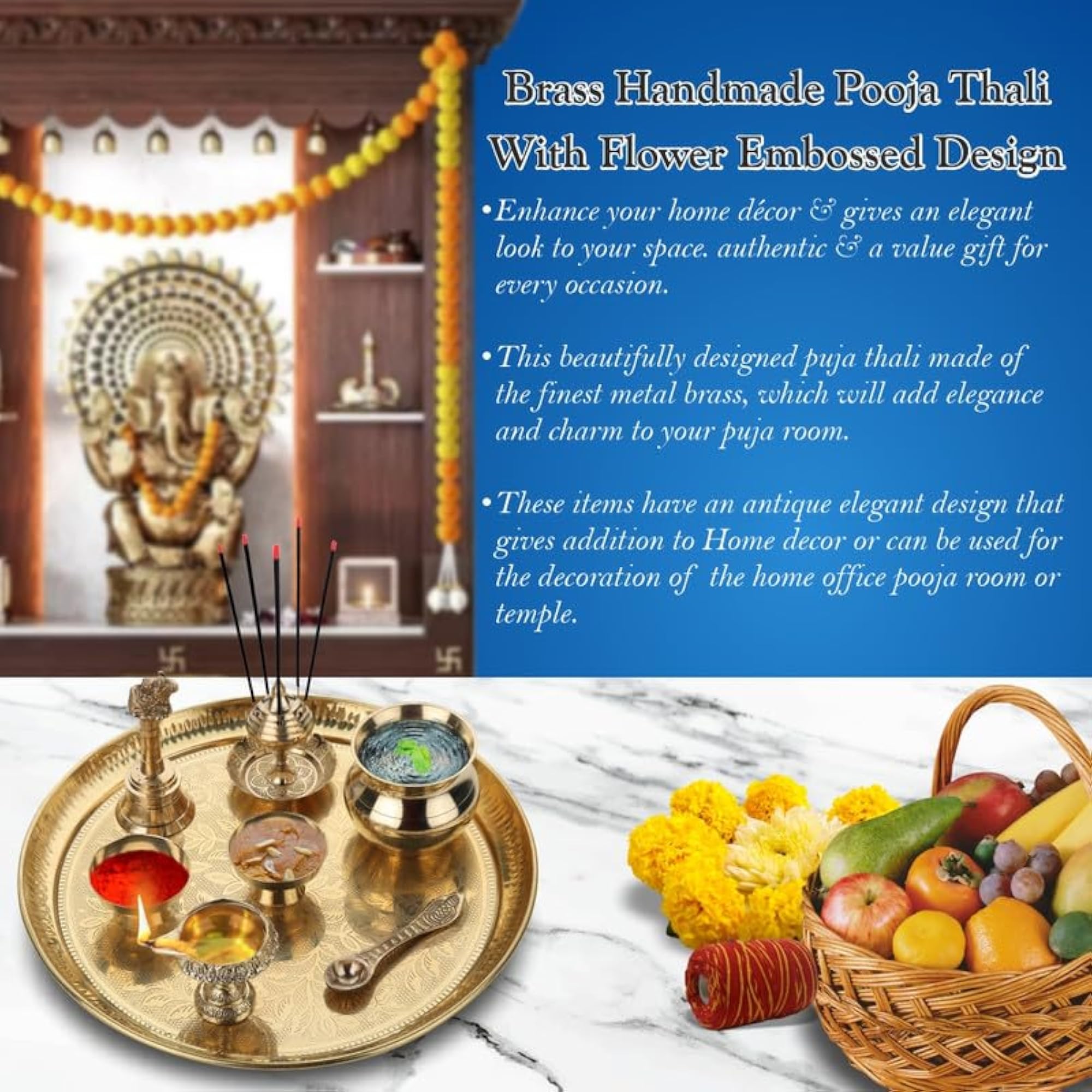 Handmade Pure Brass Crafted Puja Thali with Flower Design