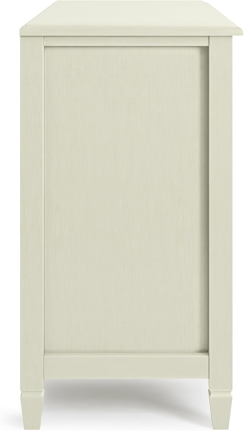 SIMPLIHOME Connaught Storage Cabinet - 46 inch Wide Solid Wood Low Storage Cabinet in Antique White, Traditional Console for Living Room, Entryway, or Dining Room with Glass Doors and Shelves