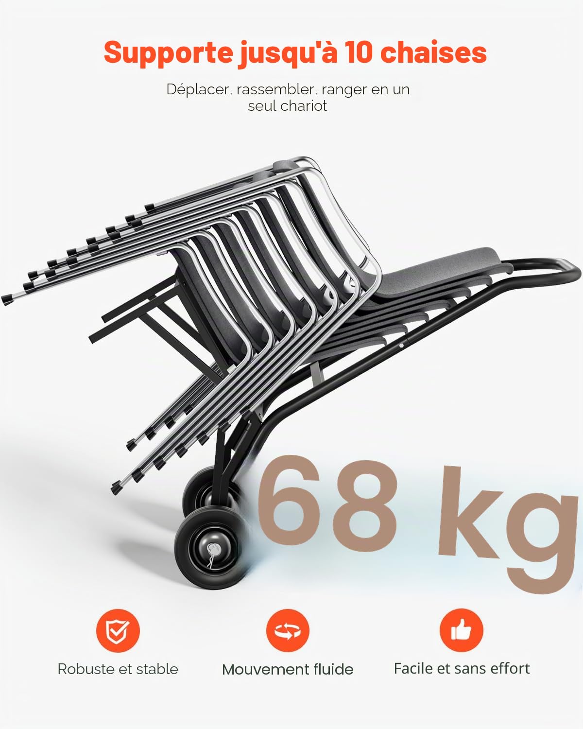 VEVOR Chariot de Chaise Pliante, Capacité de Charge 68 kg, Support Robuste pour Empiler 10 Chaises, Organiseur de Rangement Multifonction Métal à Pousser avec roulettes, pour Salle à Manger, Noir Mat