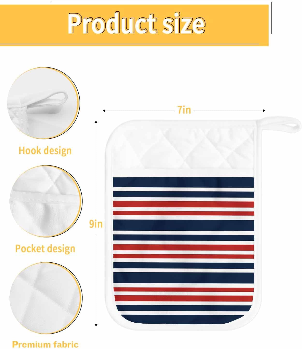 5 Pack Pot Holder with Pocket, Dark Blue Red Stripe Kitchen Potholders Heat Proof Non Slip Pot Holders Sets, Hot Pads Potholder for Cooking Baking BBQ