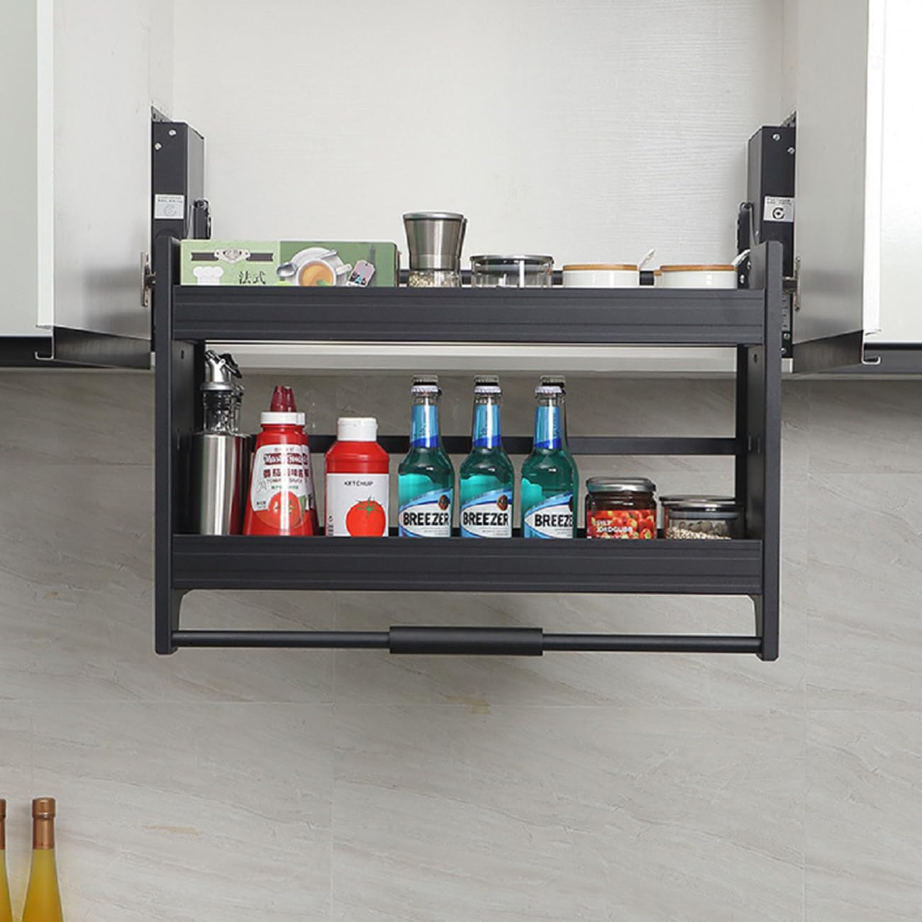 HOLMZCED 24 Inch Pull Down Shelf, 2 Tiers Pull Down Cabinet Organizer Hanging Mounted Kitchen Cabinet Shelf Adjustable Wall Pull Down Shelf Heavy Duty for Kitchen Coffee Shop