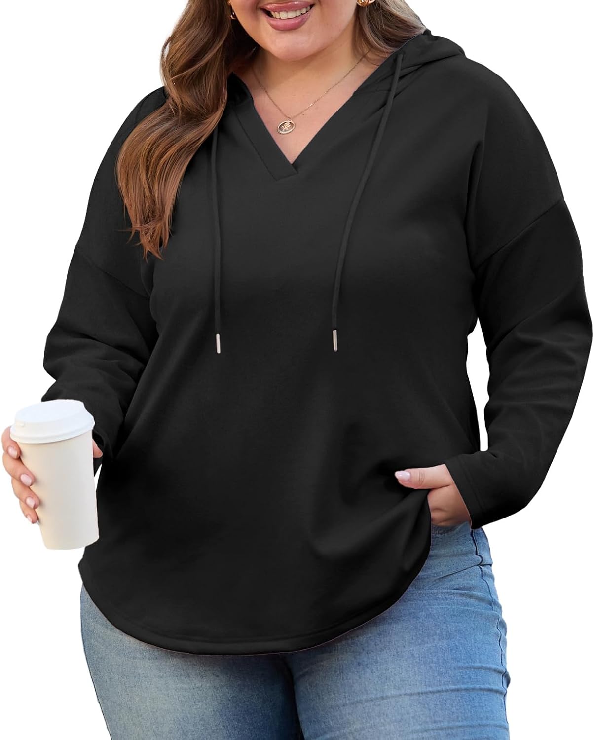OLRIK Plus Size Hooded For Women V Neck Pullover Oversized Sweatshirts Long Sleeve Tops Loose Fit