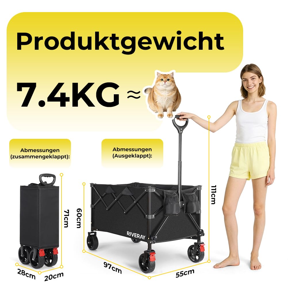 Bollerwagen Faltbar mit Bremsen, 300L 230KG Faltbarer Bollerwagen Großen All Terrain Rädern, Abnehmbare Stofftasche, Verstellbarer Griff Klappbar Handwagen für Strand Camping Garten Festival
