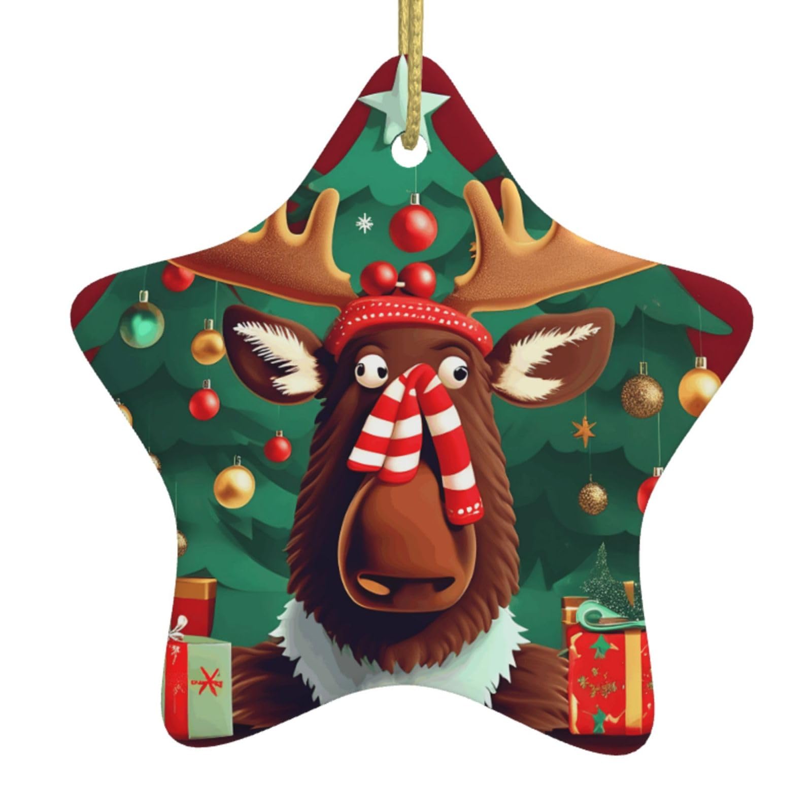 Nbtghga White Funny Christmas Moose Print Christmas Ornaments, Ceramic Hanging Ornament, Round Shape Decorations