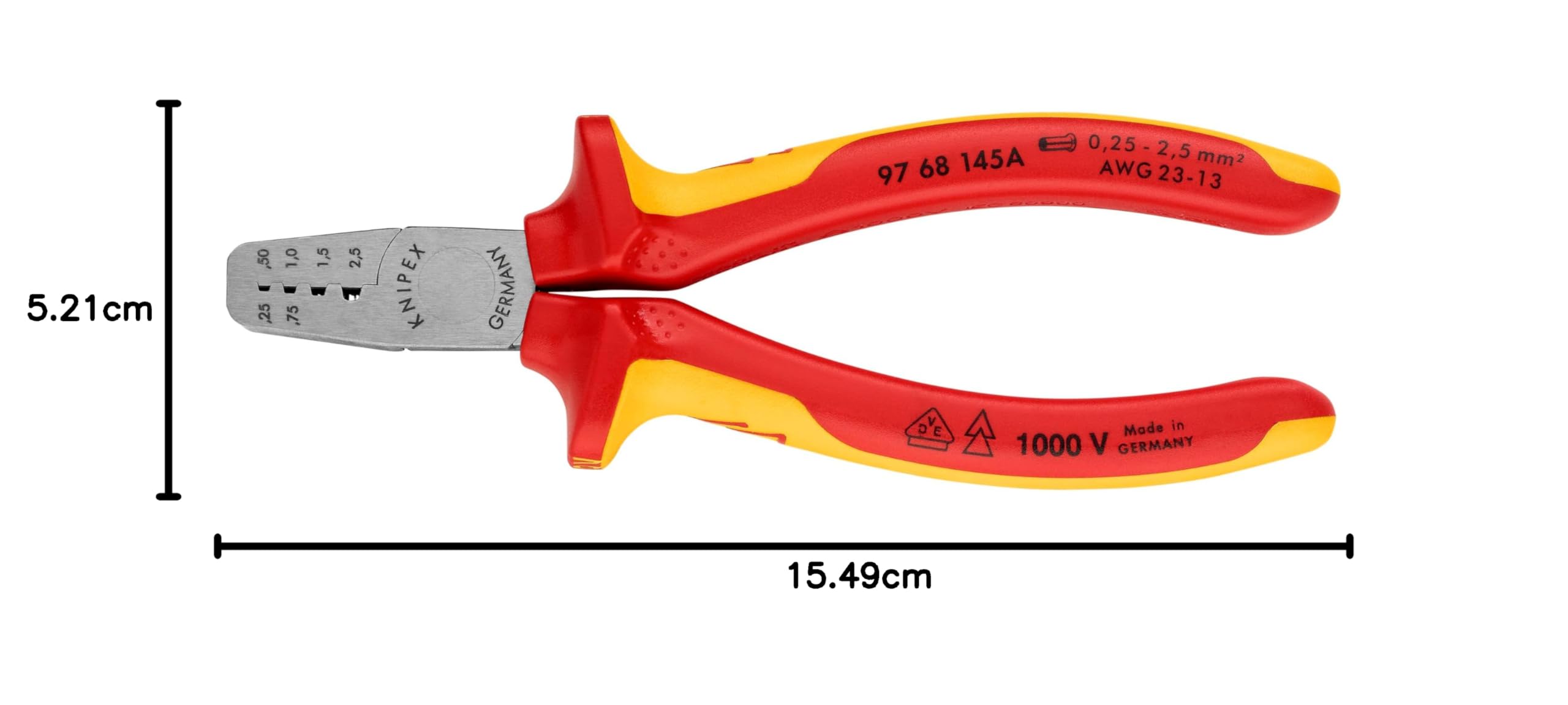 KNIPEX Szczypce do zagniatania tulejek kablowych z wielokomponentowymi osłonkami, izolowane wg VDE 145 mm, 97 68 145 A