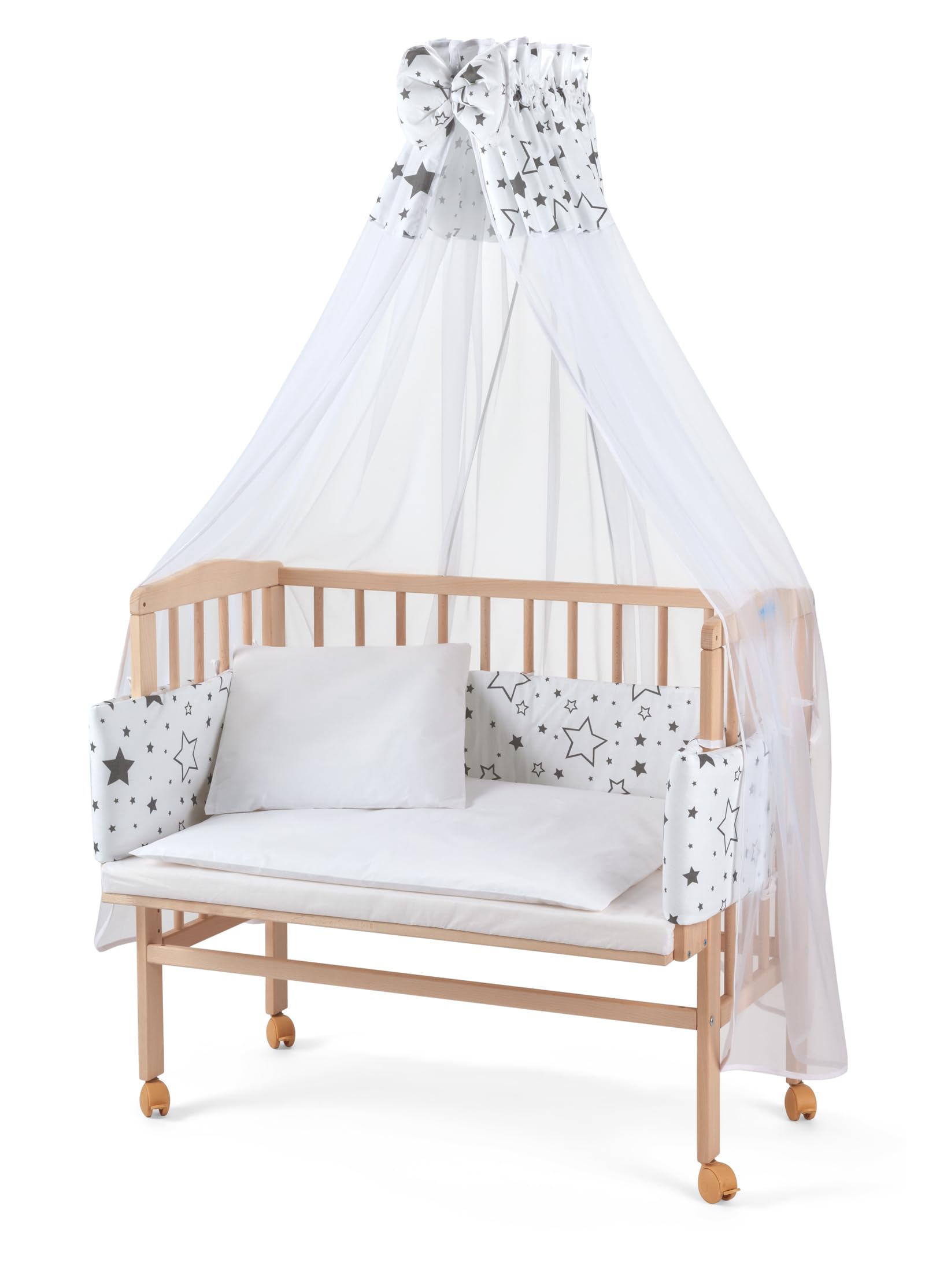 waldin Lit Cododo pour Bébé avec Matelas, Réglable en Hauteur, Bois Hêtre Massif Naturel, Grande Surface de Couchage 90 x 55 cm, Textile Blanc, Astre Gris Mixte