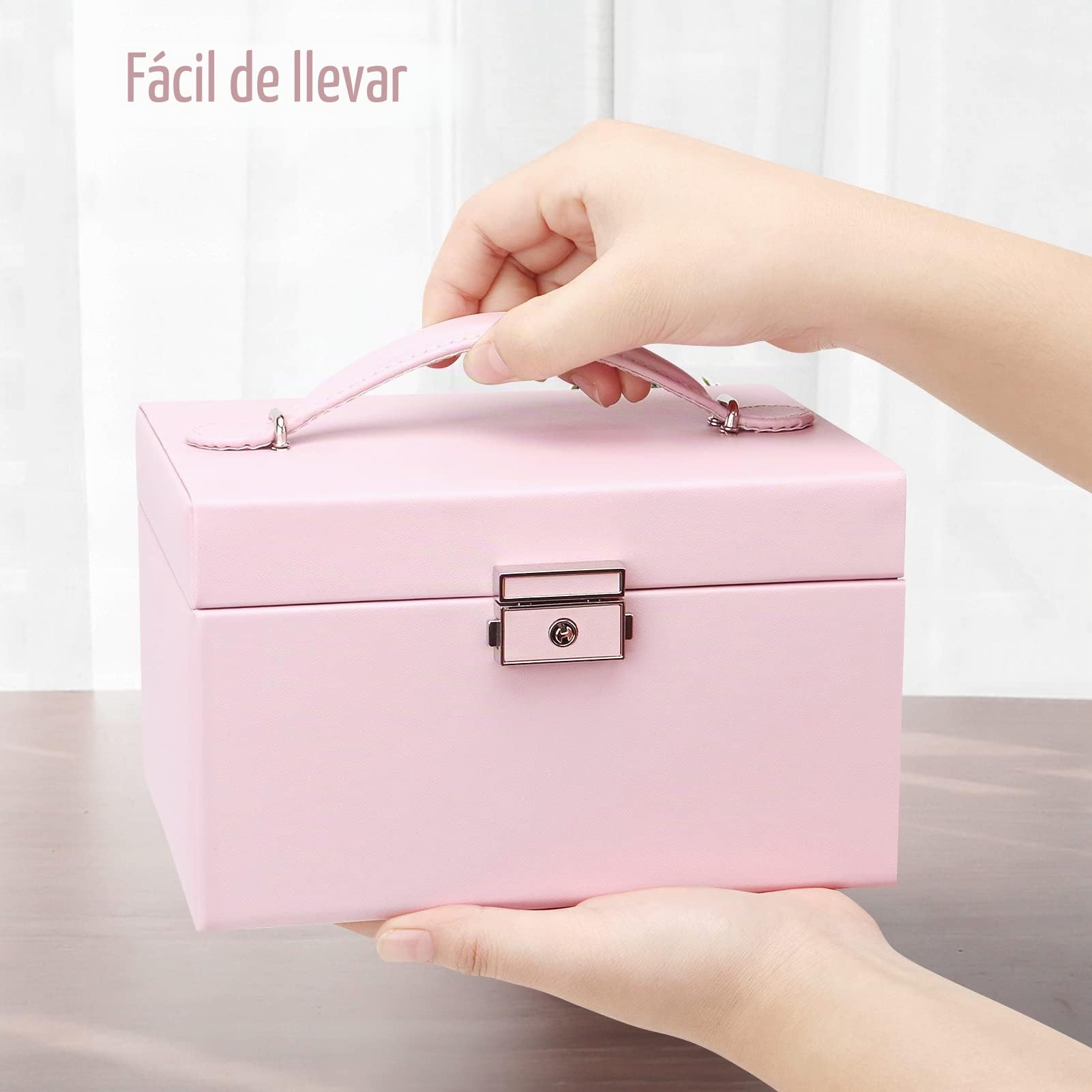 Caja joyero, Organizador de Joyas Grande con Cajón y Cerradura, Organizador Joyas Joyeros Organizador de 3 Niveles con Espejo, Caja organizadora para Collares Pendientes, Anillos, Rosa
