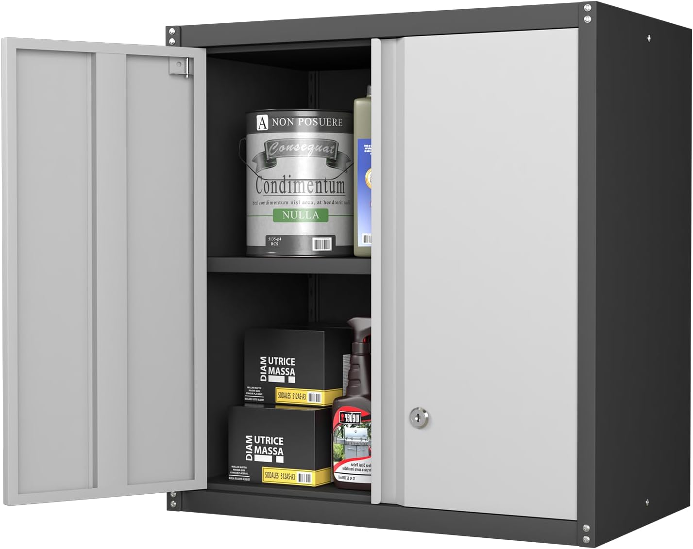 Metal Wall Mounted Garage Cabinets, Heavy Duty Steel Locking Cabinet with Doors & 2 Keys, Garage Storage Cabinet with Adjustable Floating Shelf for Shop, Utility Room, Office, Black & Grey