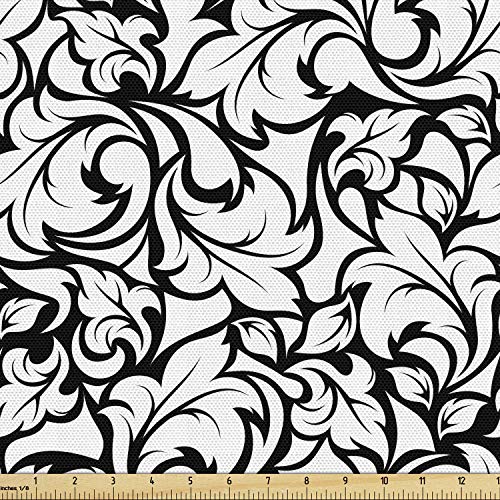 Ambesonne Floral Fabric by The Yard, Monochrome Leaves Abstract Design Botanical Arrangement Gardening Inspiration Print, Decorative Fabric for Upholstery and Home Accents, 1 Yard, Black White