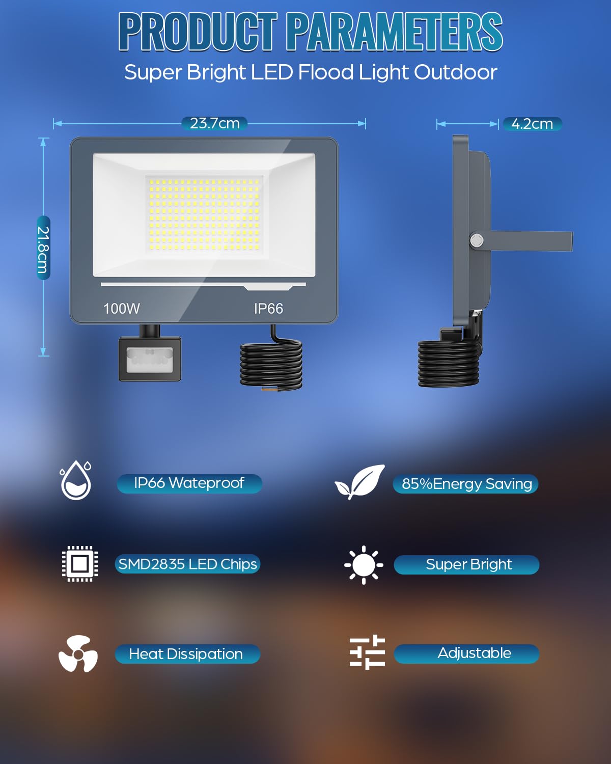 Focos LED Exterior con Sensor de Movimiento 100W 10000LM 2 Piezas - 6500K Foco LED con Sensor de Movimiento IP66 Impermeable para Jardin Patio