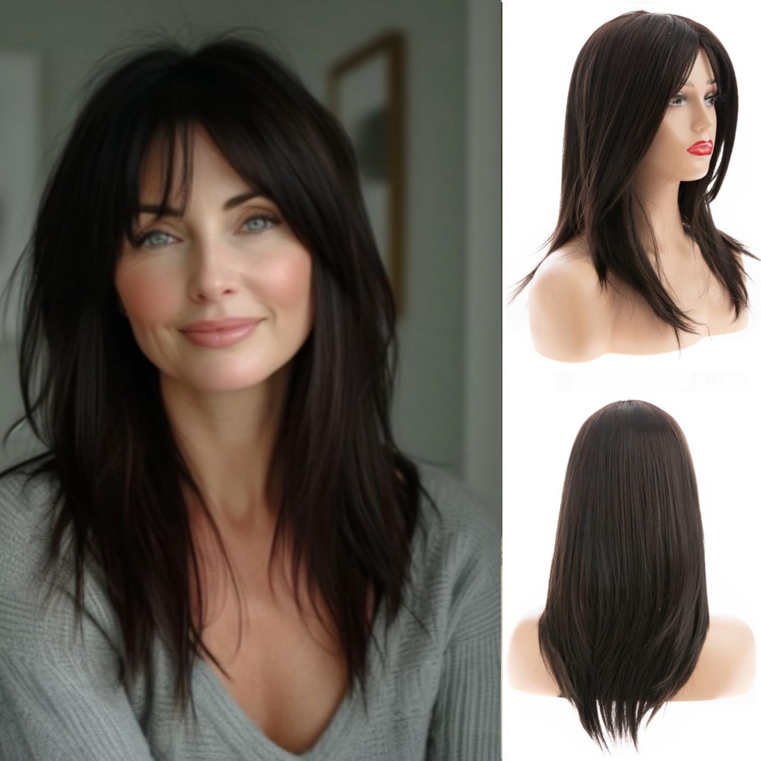 Qnbiar Long Straight Dark Brown Wig Layered Synthetic Hair Wigs with Bangs for Women Daily Party Use, Average