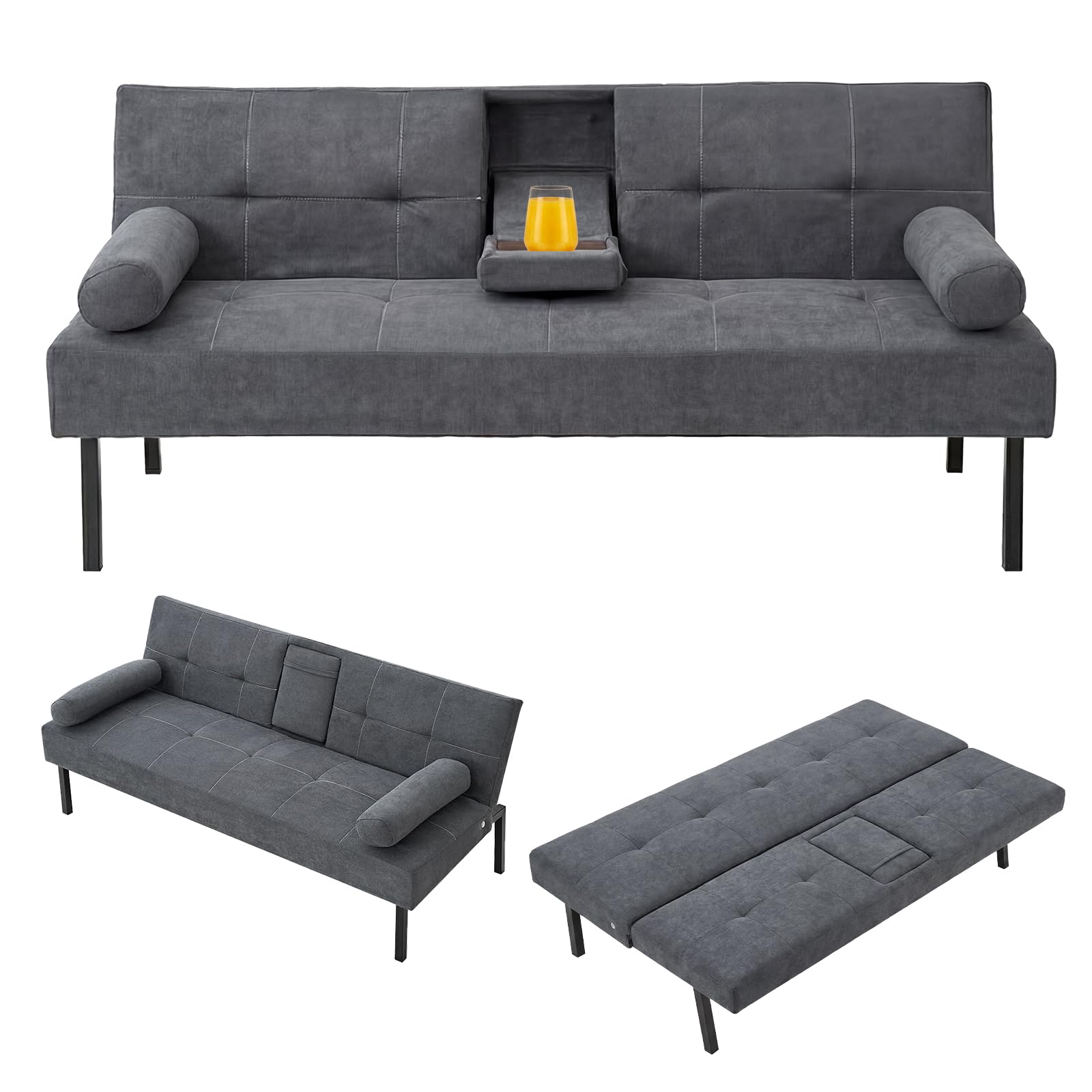 Panana Click Clack Sofa Bed Linen Fabric 3 Seater Sofa Couch Living Room/Spare Room/Guest Room Bed Settee With Cup Holders, Gray