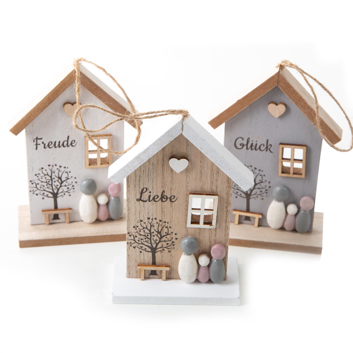 Maisons en Bois à Suspendre, 3 pièces: pendentifs décoratifs Maison, étiquettes Cadeau décoration Printemps, déco à accrocher sur Branches, Suspension Printemps, Amour Bonheur Joie, 16,5 x 10 cm