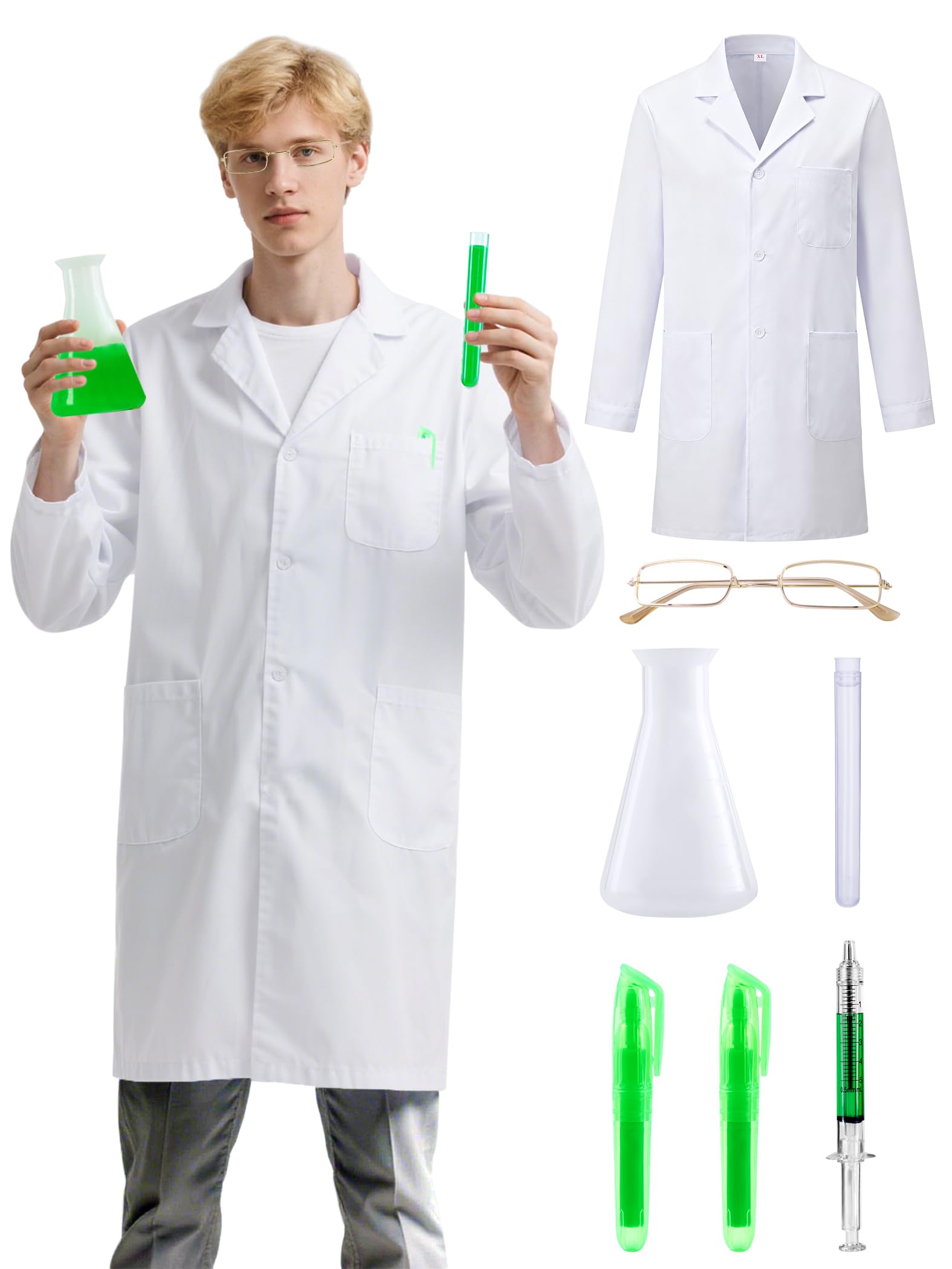 TOHONGADON 7 Pieces Mad Scientist Costume, Scientist Doctor Costume Includes White Lab Coat, Glasses, Plastic Flask for Halloween Party Accessories