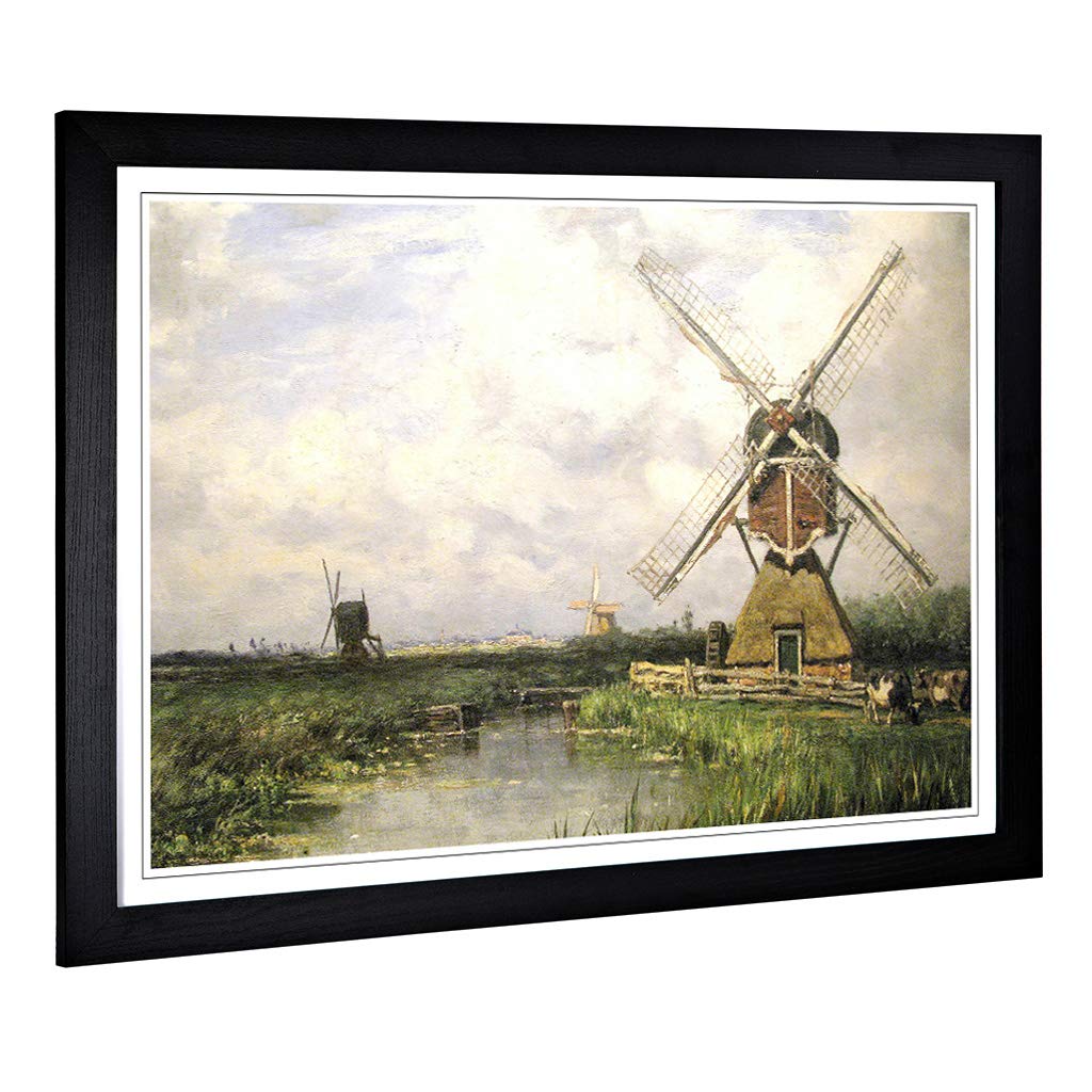 Big Box Art Framed Print of Willem Roelofs Windmills Design | Wall Art Picture | Home Decor for Kitchen, Living, Dining Room, Bedroom, Hallway, Office, Black, A2 / 24.5x18 Inch / 62x45cm