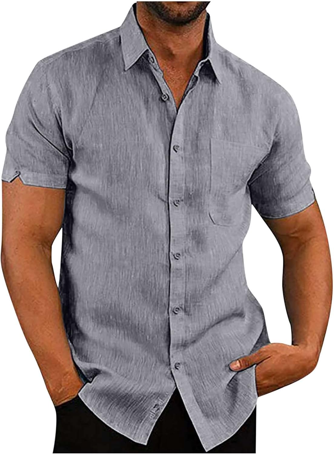 Camisas de algodón y lino con botones para hombre, camisetas de manga corta con bolsillo y bolsillo a la moda, camiseta básica ajustada y cómoda