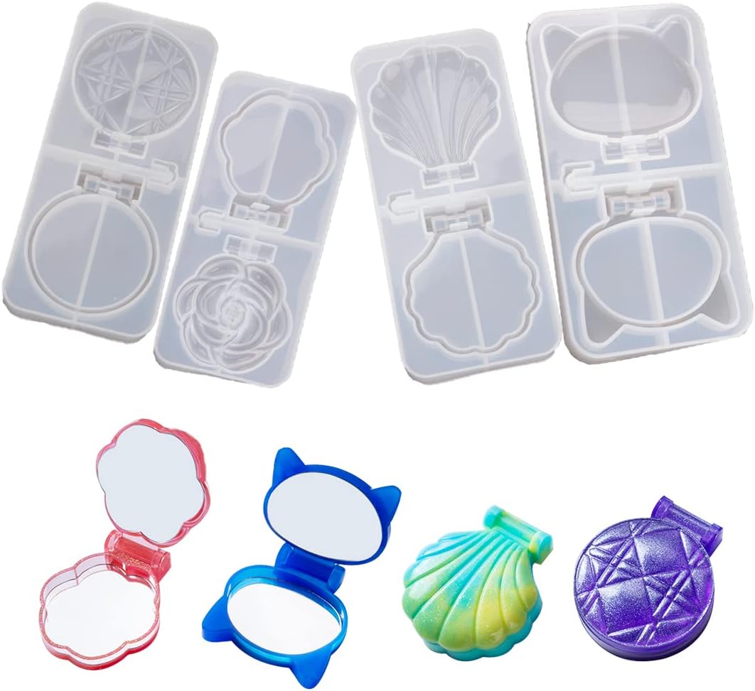 iSuperb 4 PcS Silicone Resin Molds Compact Mirror Cover Molds Cute Shapes Travel Pocket Mirror Epoxy Molds for DIY Double-Sided Foldable Mirrors