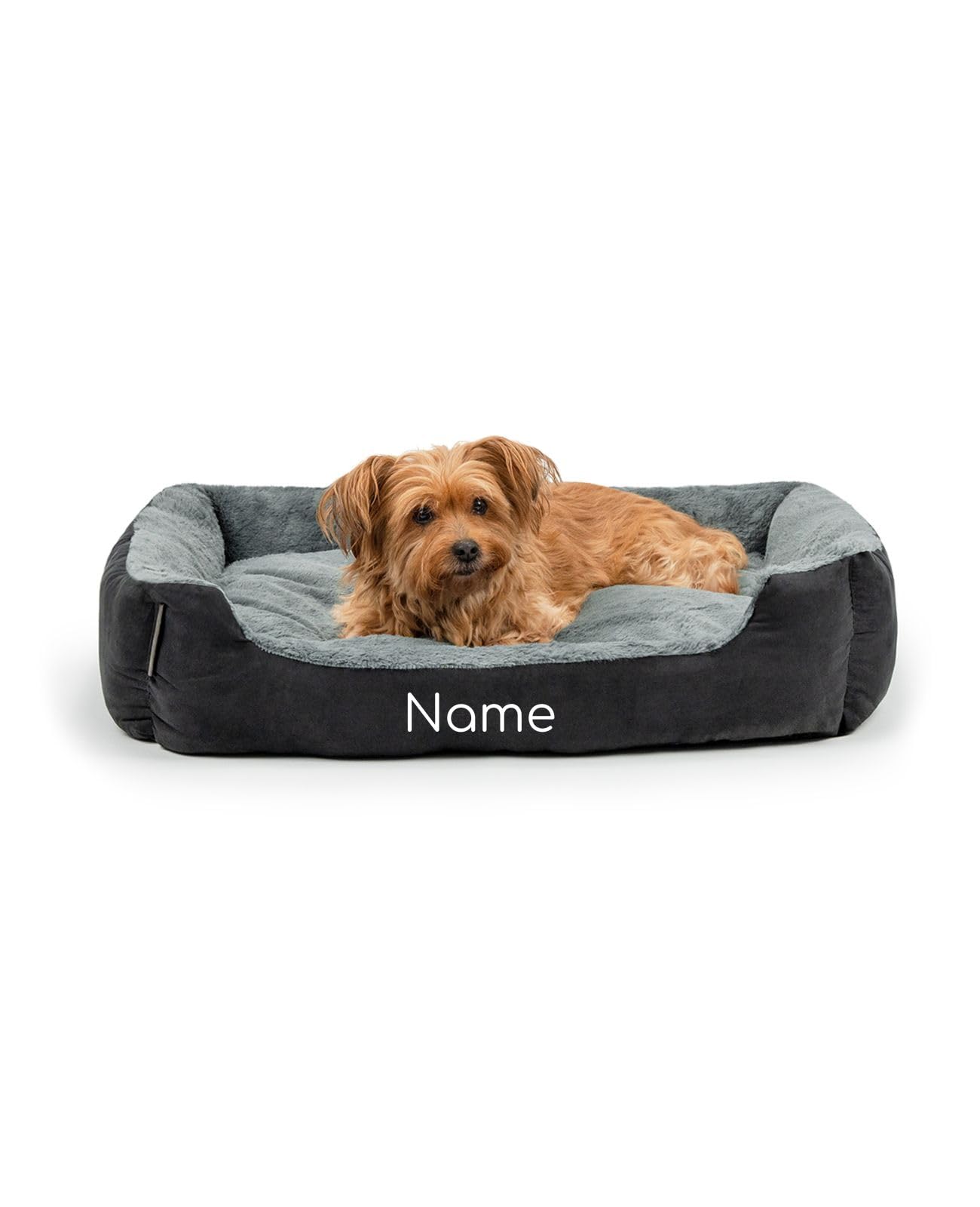 lionto Cama para Perros con cojín Reversible y Base Antideslizante, cojín para Mascotas con Entrada Baja para Perros y Gatos, 75x60 cm, cojín para Perros Acogedor, Negro/Gris (con Nombre Impreso)