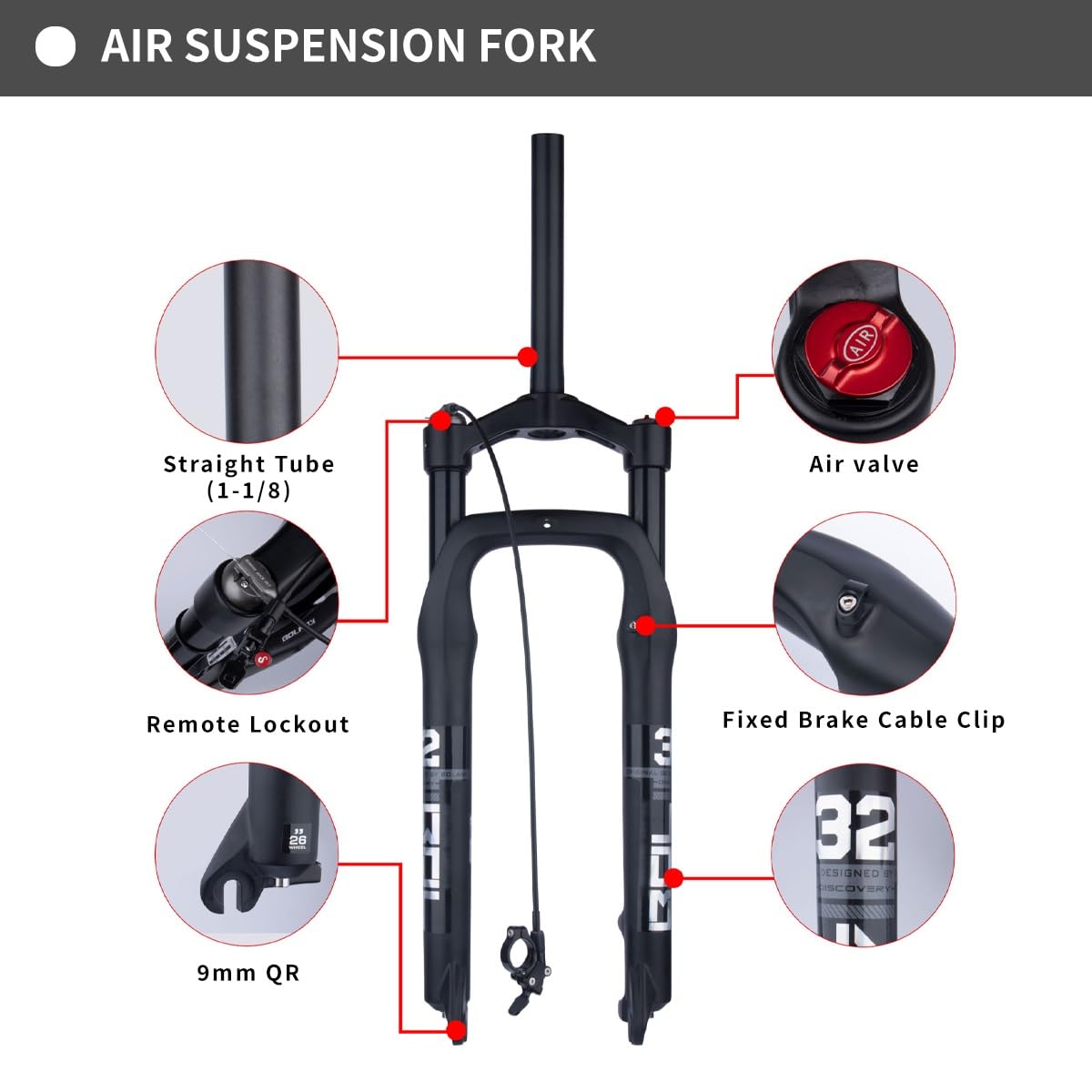 Forcella Anteriore con Sospensione pneumatica, Pneumatici da 4 Pollici, Escursione di 135 mm, Freni a Disco, Attacco QR 9* per Bici elettrica da Spiaggia/Neve
