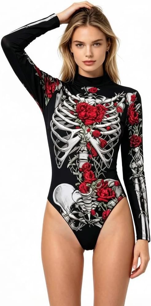 Halloween 3D Skeleton Bodysuit Womens Long Sleeve Zip Printed Costume Cosplay Print Tights One Piece Outfit