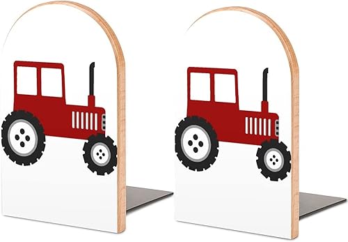 Sujetalibros de tractor rojo con estampado decorativo de madera para estantería, paquete de 1 par