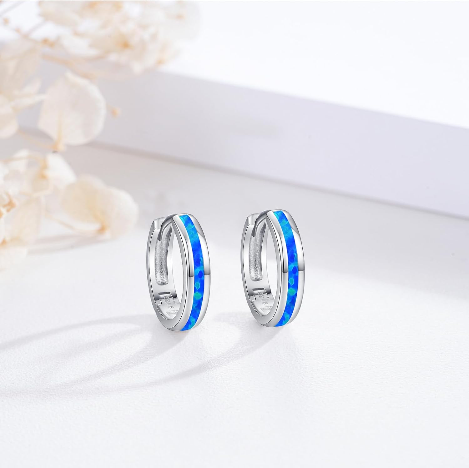 Midir&Etain Blue Opal Hoop Earrings 925 Sterling Silver Blue Huggie Earrings Opal Jewelry Christmas Gifts for Women