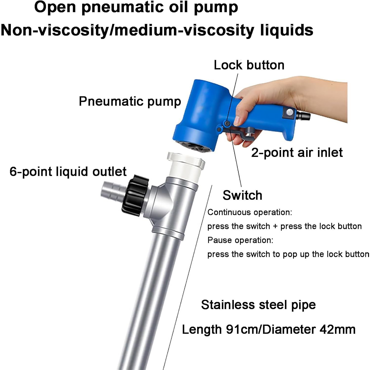 Pneumatyczna pompa transferowa oleju, napędzana powietrzem o natężeniu przepływu 60-80 l/min, długość rury 95 cm, pompa ze stali nierdzewnej do oleju napędowego, oleju silnikowego, transportu płynów