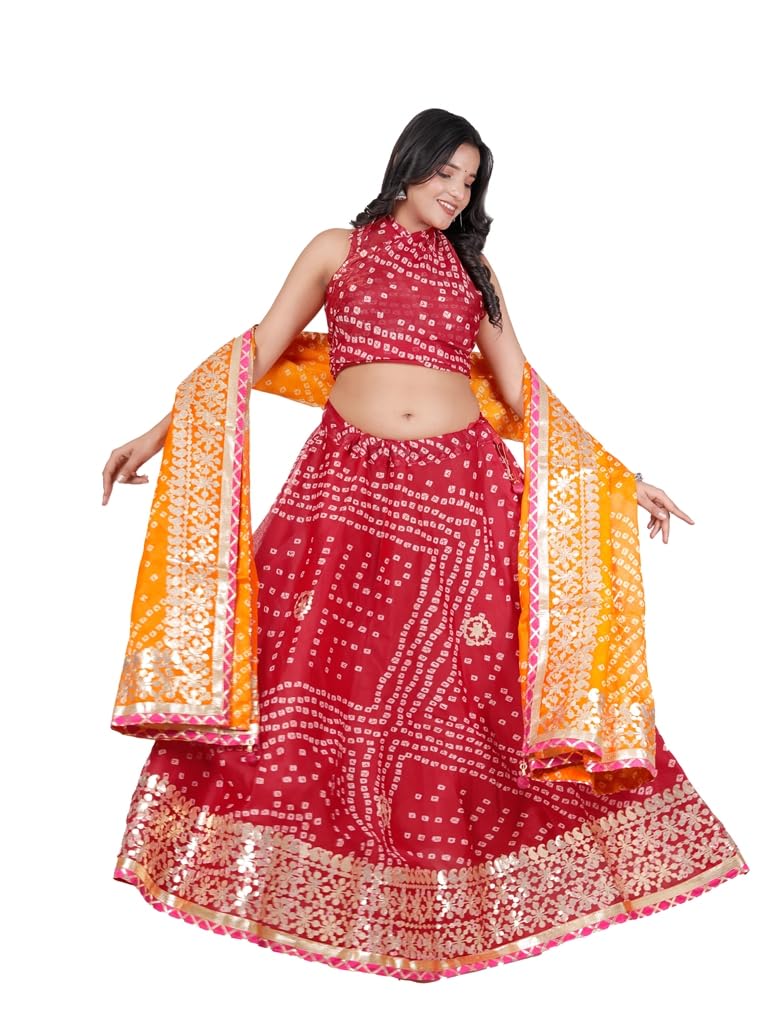 Traditional Ethnic Kota Doria Bandhani Lehenga Choli Set for Wedding and Ethnic FestivalEmbroidered Gota Patti Border Readymade Lehenga Chunni Set with Running Blouse