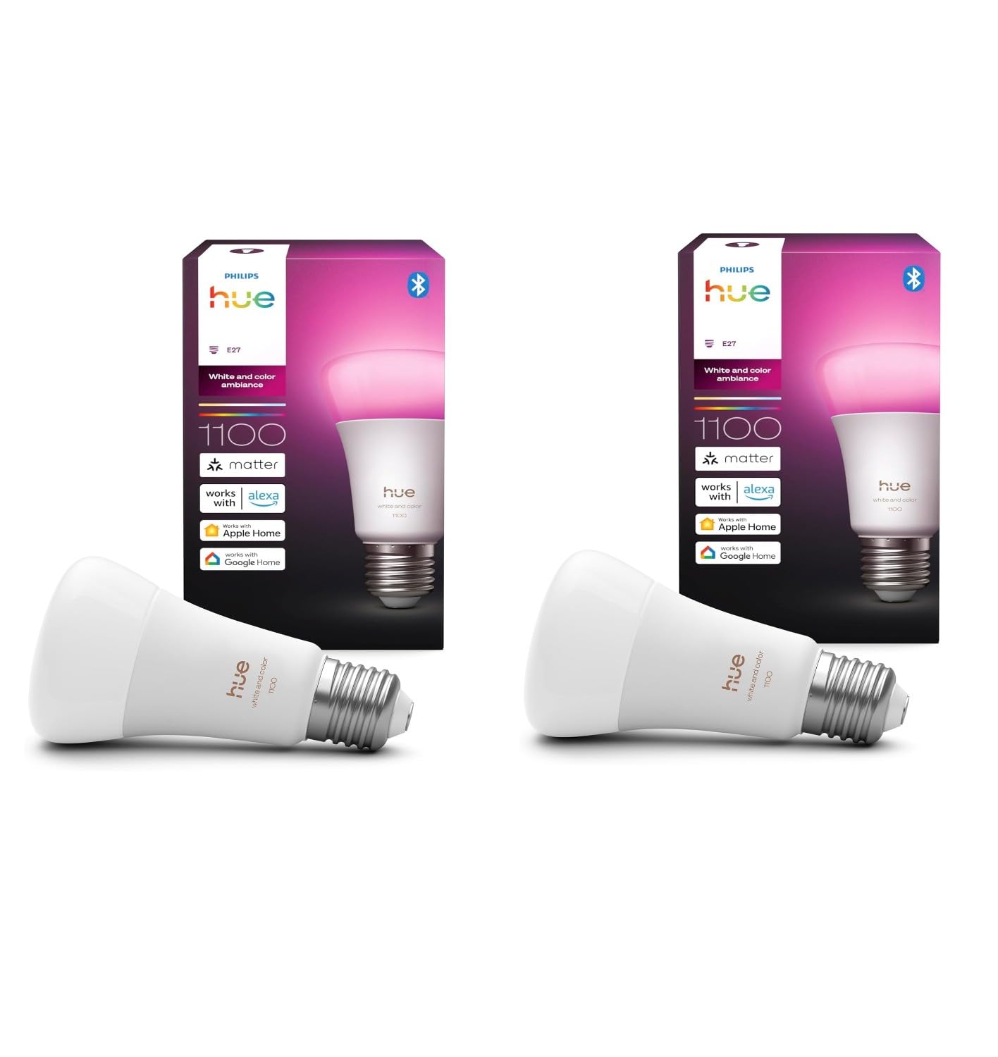 Philips Hue-Bundle – 2 x weiße und farbige Ambiance 1100 A60 E27 Smart-Glühbirnen | Dimmbare LED, 16 Millionen Farben, App- und Sprachsteuerung, funktioniert mit Alexa, Google Home und Apple HomeKit