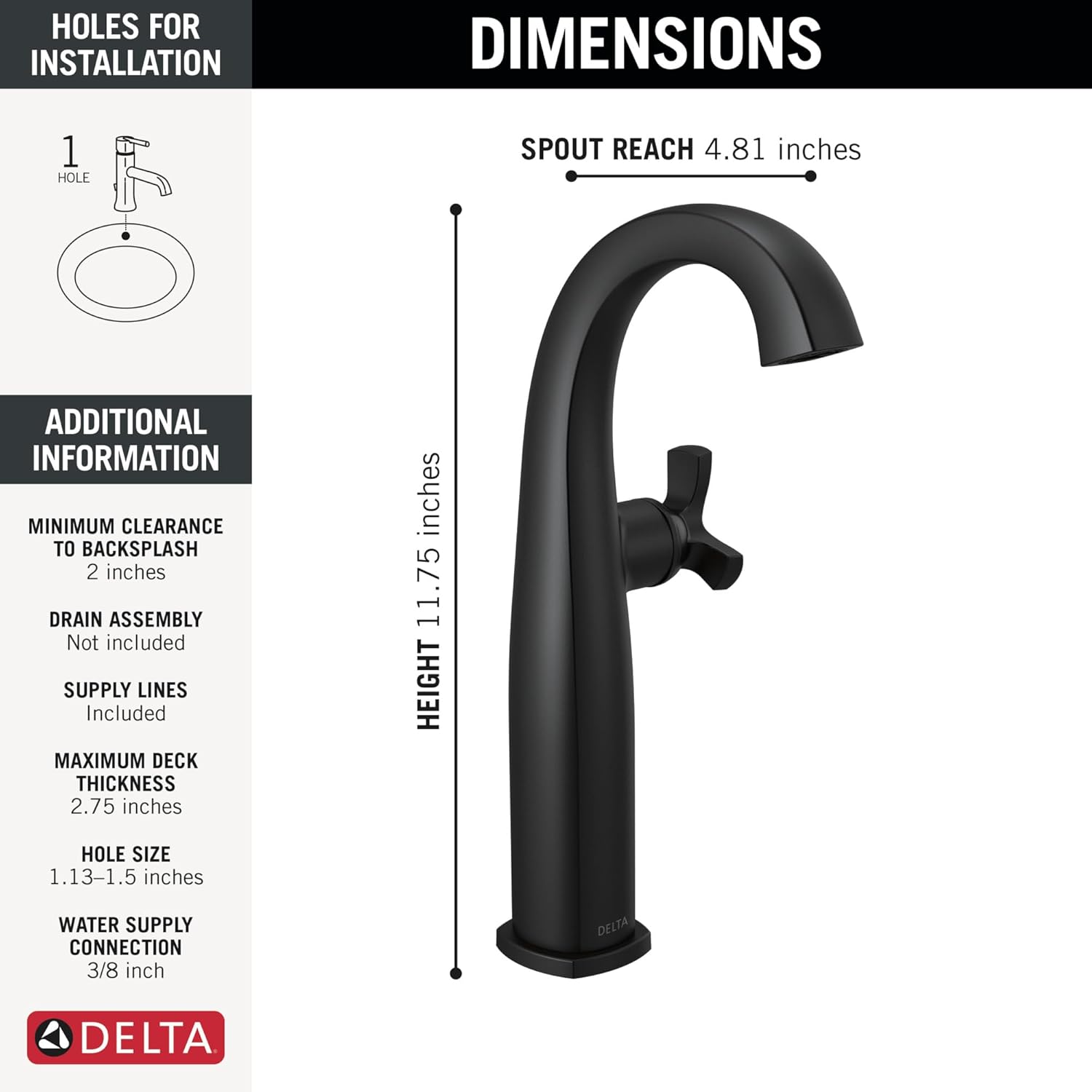 Delta Stryke Vessel Sink Matte Black Bathroom Faucet 1 Hole, Single Hole Bathroom Sink Faucet for Vanity, Matte Black 7776-BL-DST (Drain Not Included)