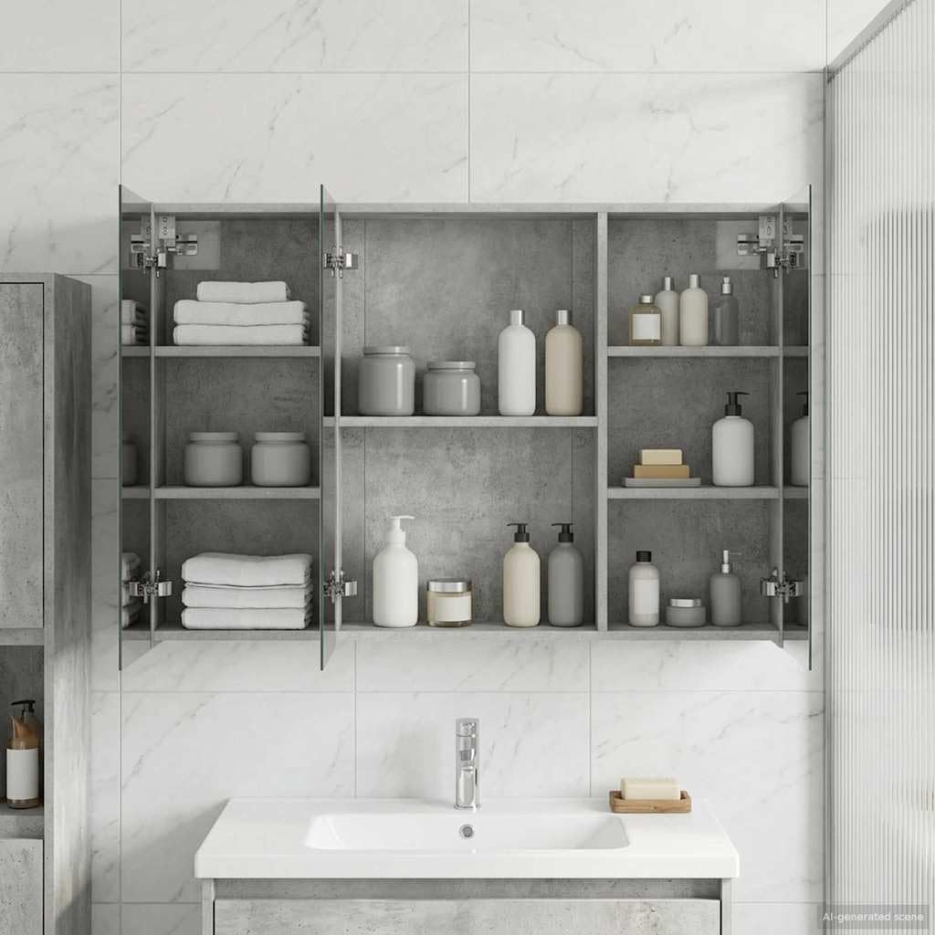Armadietto da bagno a specchio grigio cemento con porta, 100 x 14,5 x 70 cm, in legno, montaggio a parete, con mensola, specchio double face, per bagno e WC degli ospiti