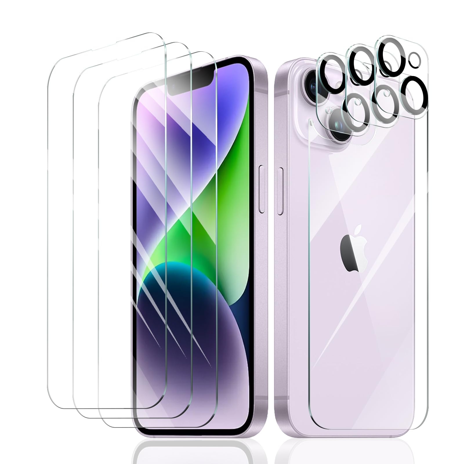 Fynorao 3+3+1-Pack, Screen Protector and Camera Lens Protector for iPhone 14 Plus with Back Tempered Glass Film, Impact-Protection, HD, Anti-Scratch,