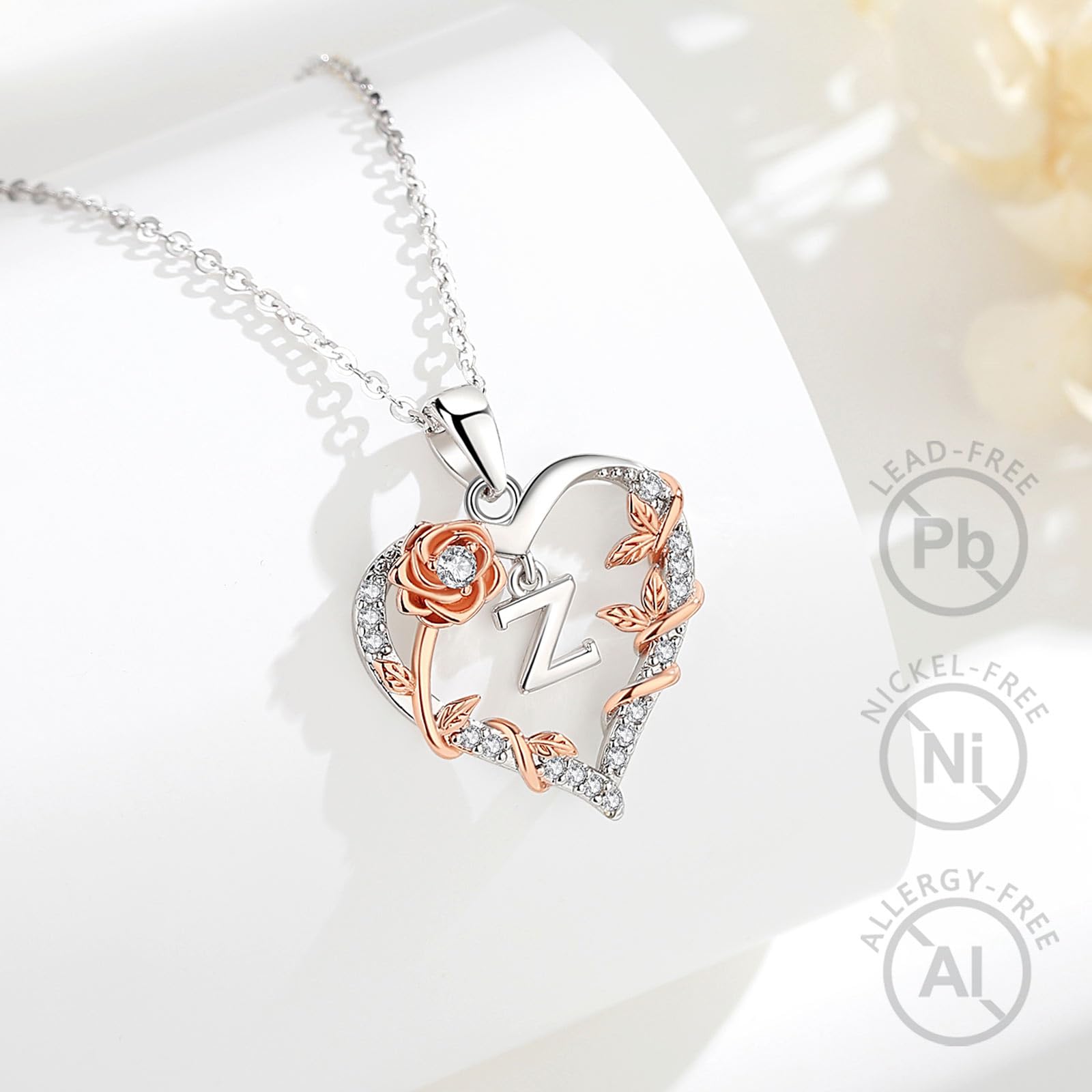 EUDORA Harmony Ball Collana con iniziali a Cuore Rosa per Donne, Lettera dalla A alla Z Collane con Iniziali dell'Alfabeto in Rame Placcato in Rodio Iniziali con Ciondolo Regali di Gioielli, 18"