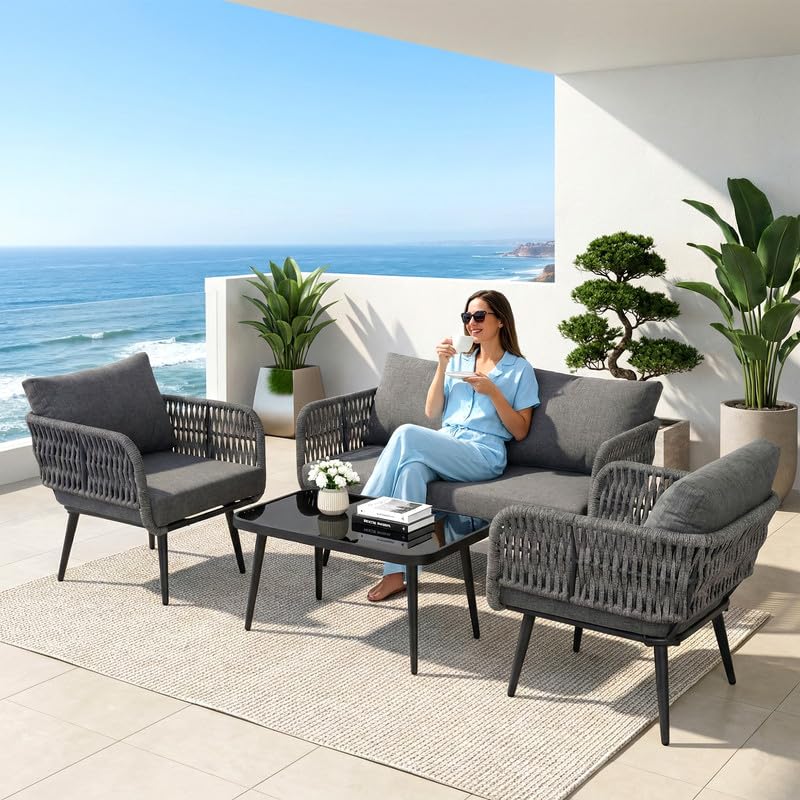 Image of OUTLIVING Outdoor Sofa Set || Balcony Sofa || Patio Furniture Sets | Conversation Sets | Braid & Rope Garden Seater Sofa Set and Center Table (4 Seater Black-Grey)