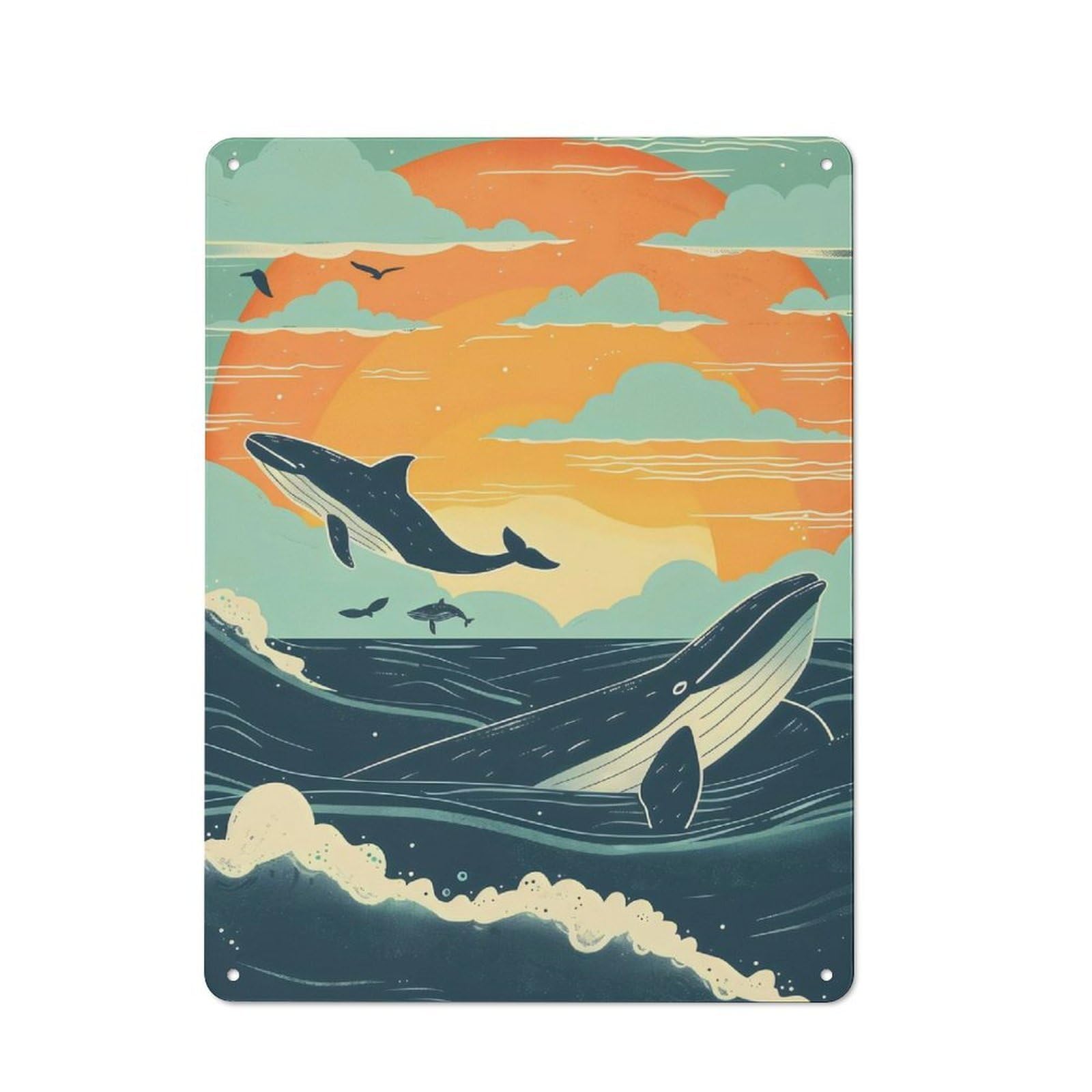 Tin Wall Plaque 40x30cm with Whales at Sunset for Garage Or Workshop, for Kitchen, Dining Room And Home Bar Wall Decor