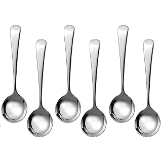 Buyer Star 6.3 Inch Soup Spoons, Stainless Steel Round Spoons Set of 6, Mirror Polished Metal Dessert Spoons for Bouillon Dinner Dessert Cereal (Silver) - Amazon product rated Grade A